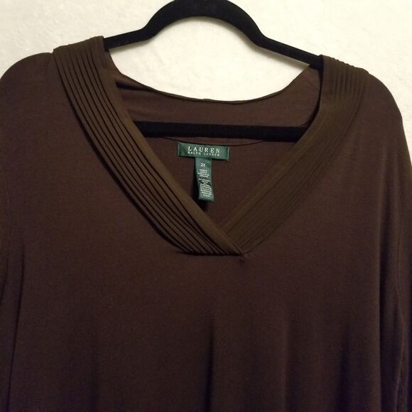 Lauren Ralph Lauren 2X Top Pleated V-neck Jersey Business Casual Preppy Office - Picture 4 of 8